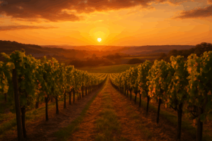 A rustic setting in a vineyard at sunset