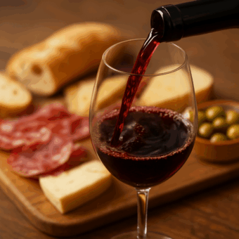 Red wine glass with cheese meat and bread